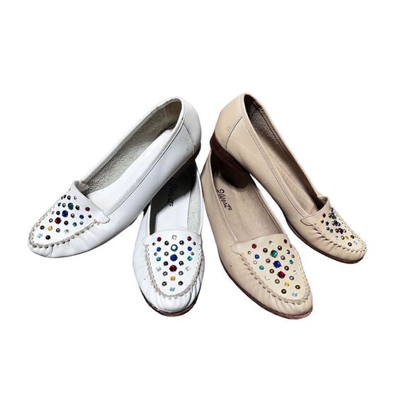 9 West Vintage Rhinestoned Leather Loafers Two Pair Size 7 - Picture 1 of 4